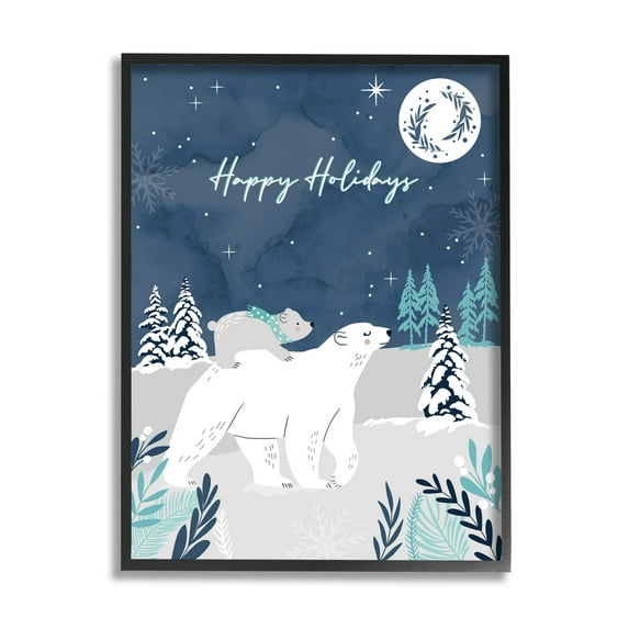Happy Holidays Winter Snow Bears Holiday Graphic Art Black Framed Art Print Wall Art