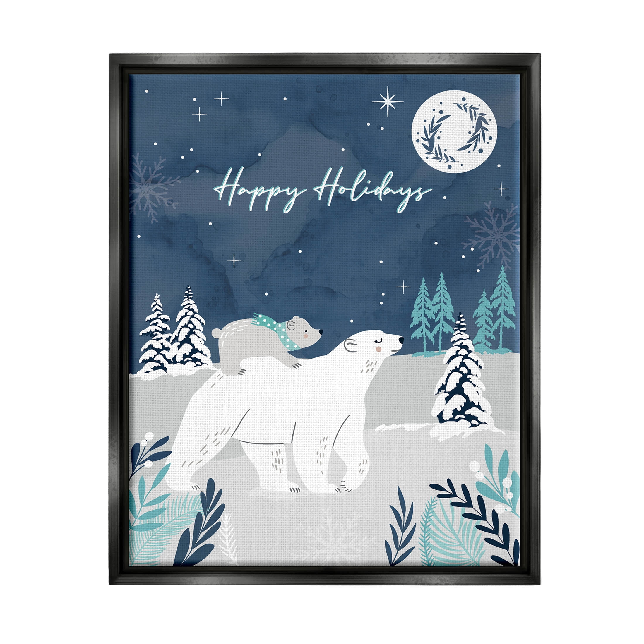 Happy Holidays Winter Snow Bears Holiday Graphic Art Jet Black Framed Art Print Wall Art
