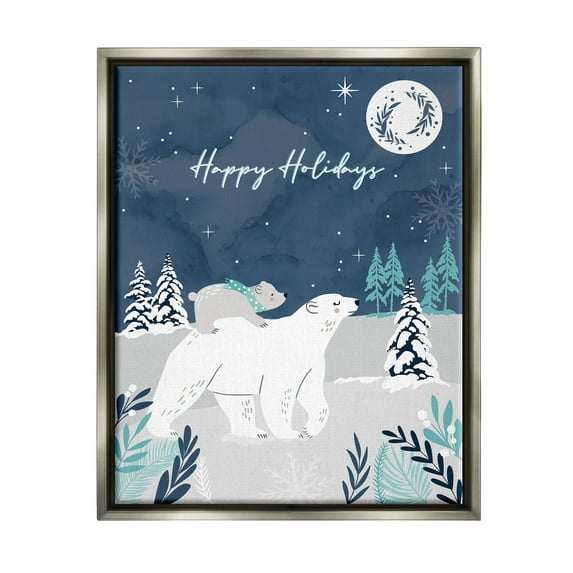 Happy Holidays Winter Snow Bears Holiday Graphic Art Luster Gray Framed Art Print Wall Art