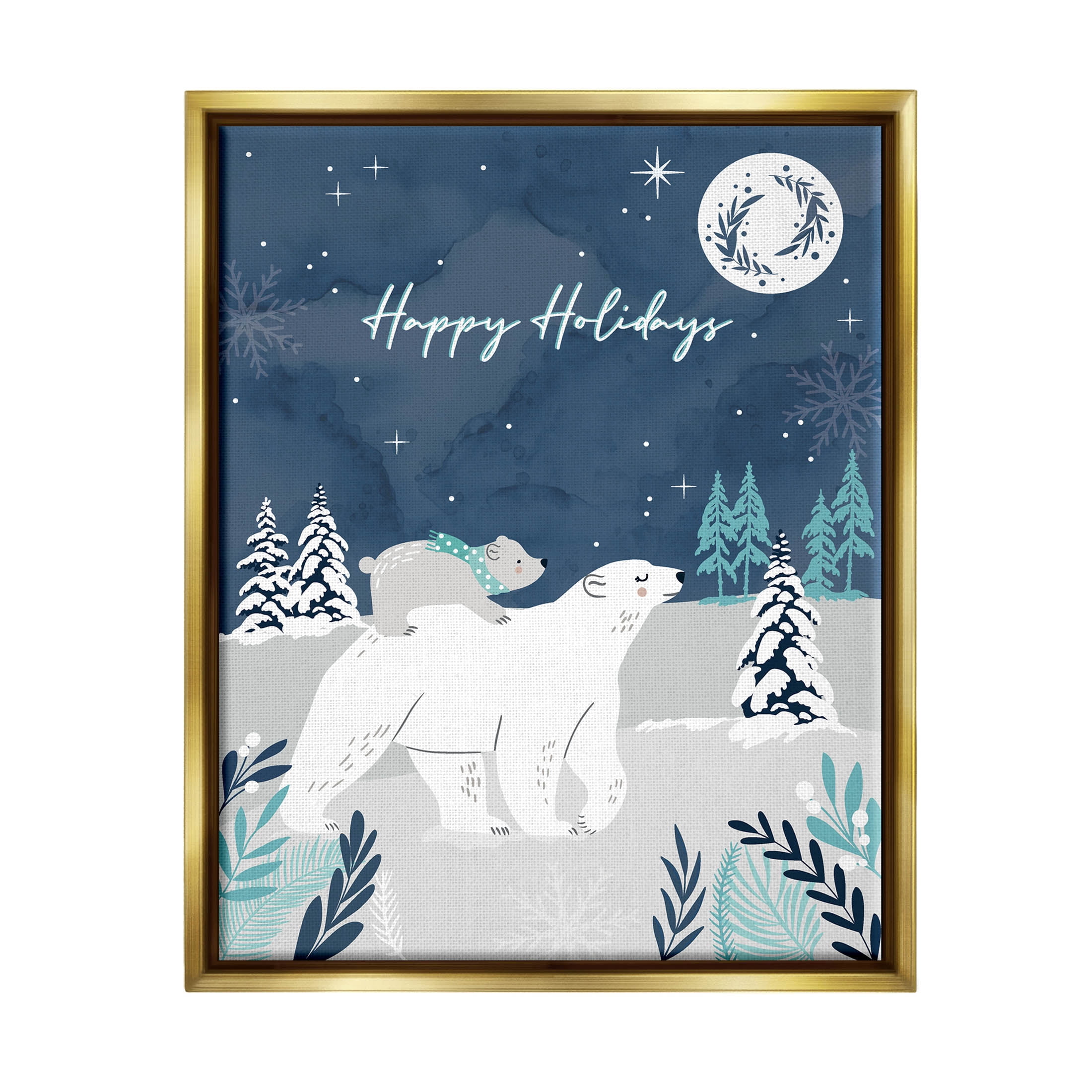 Happy Holidays Winter Snow Bears Holiday Graphic Art Metallic Gold Framed Art Print Wall Art