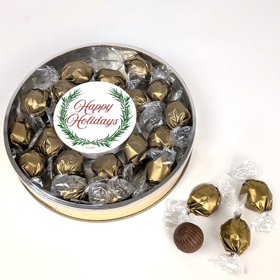 Happy Holidays Wreath Gift Tin Filled With Milk Chocolate Dubai Truffle Candies For Christmas Gifting, Holiday Party Giveaways & More (22 Truffles)