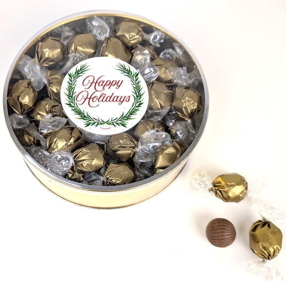 Happy Holidays Wreath Gift Tin Filled With Milk Chocolate Dubai Truffle Candies For Christmas Gifting, Holiday Party Giveaways & More (42 Truffles)