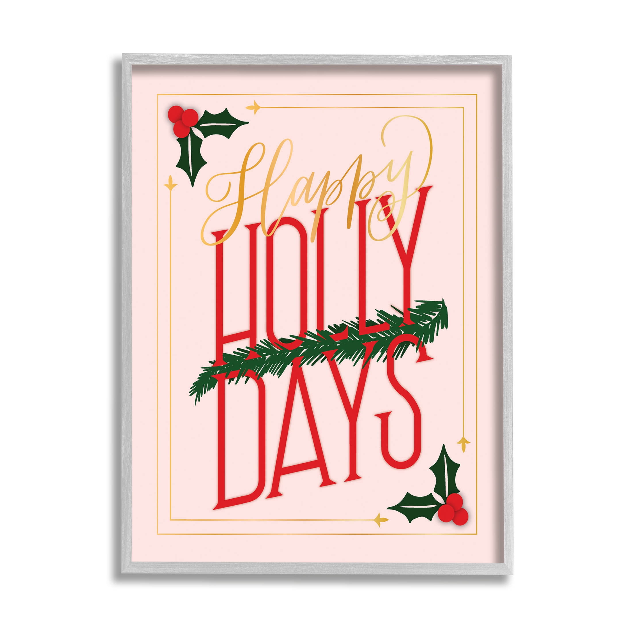 Happy Holly Days Botanical Holiday Holiday Graphic Art Gray Framed Art Print Wall Art