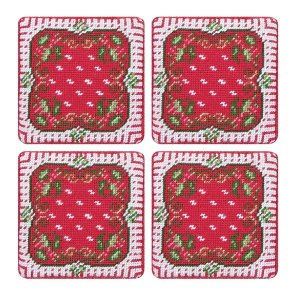 Happy Holly-Days Coaster 4" x 4" Petit Point Coaster Set/4