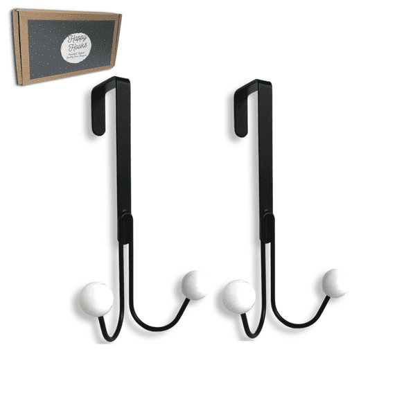 Happy Hooks Over the Door Hooks, 2-Pack, Black, 6.4" Height and 3.5" Width, High-Manganese Steel