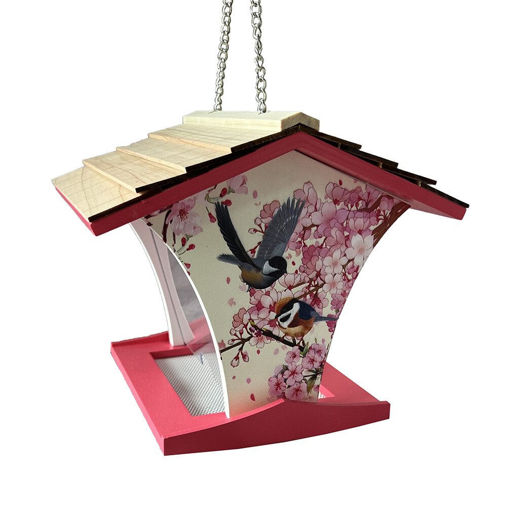 Happy Hopper Bird Feeder With Cherry Blossom & Chickadee Print 