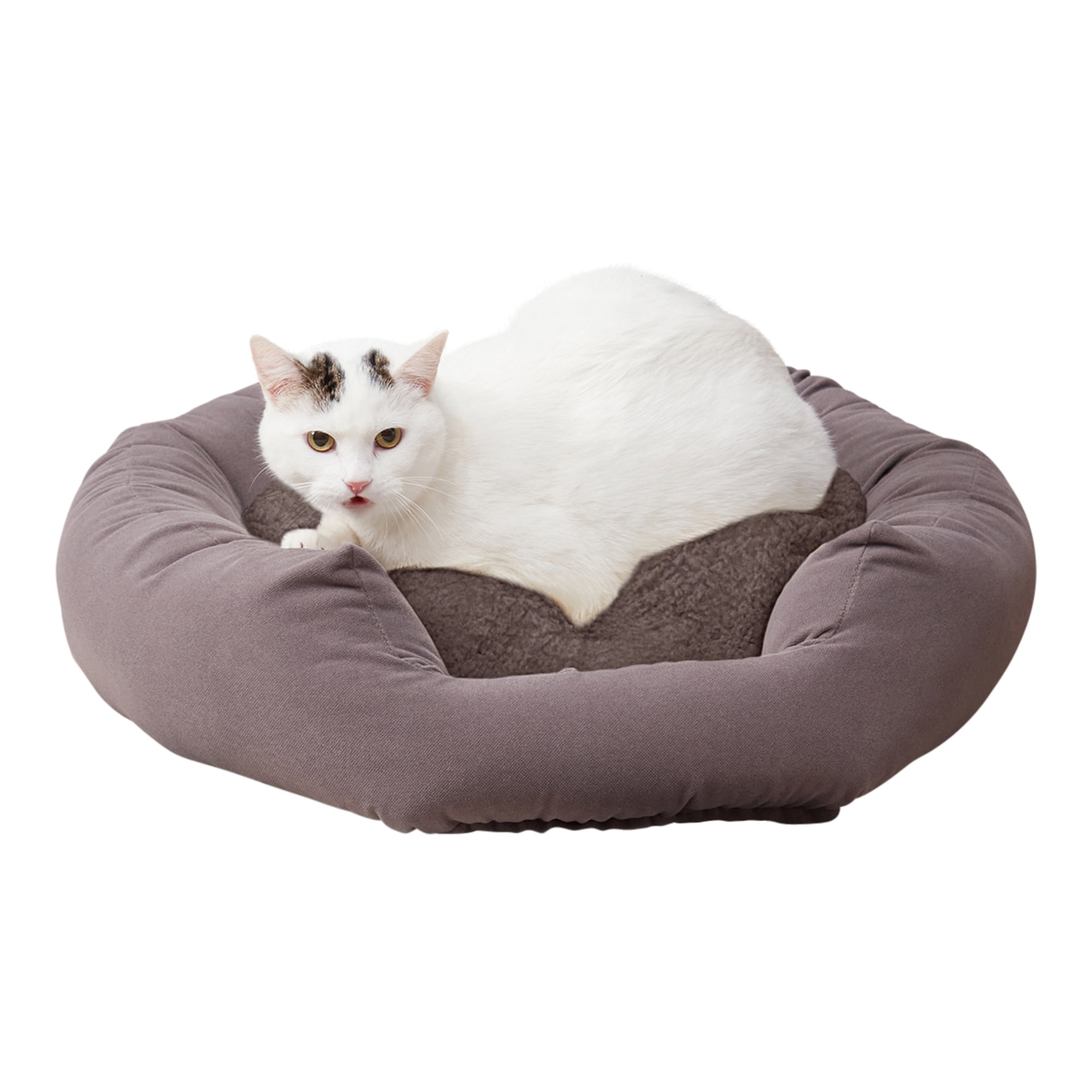 Gray Microfiber Round Donut Cat Bed with Sherpa Center