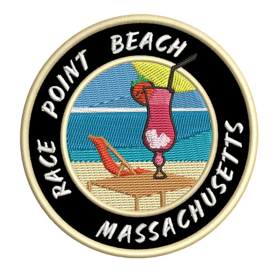 Happy Hour! At Race Point Beach, Massachusetts USA 3.5 Inch Iron Or Sew On Embroidered Fabric Badge Patch Ocean Beach, Salt Life Iconic Series