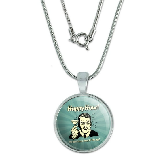 Happy Hour Best Seven Hours of the Day Funny Humor 0.75" Pendant with Sterling Silver Plated Chain