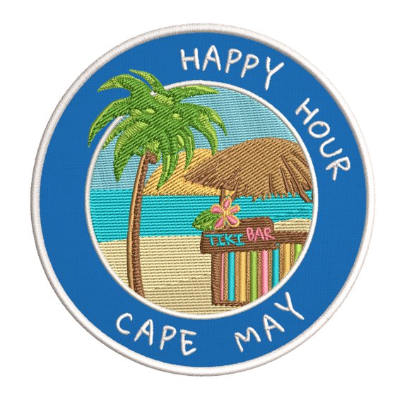 Happy Hour! Cape May, New Jersey 3.5 Inch Iron Or Sew On Embroidered Fabric Badge Patch Ocean Beach, Salt Life Iconic Series