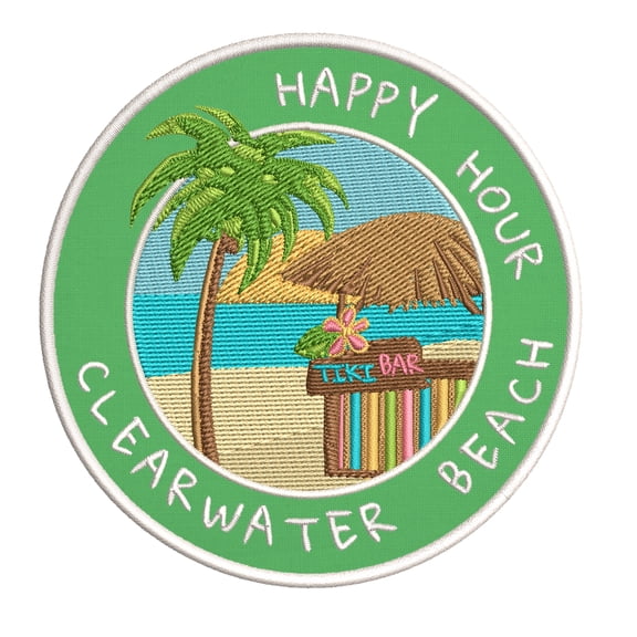Happy Hour! Clearwater, Florida 3.5 Inch Iron Or Sew On Embroidered Fabric Badge Patch Ocean Beach, Salt Life Iconic Series