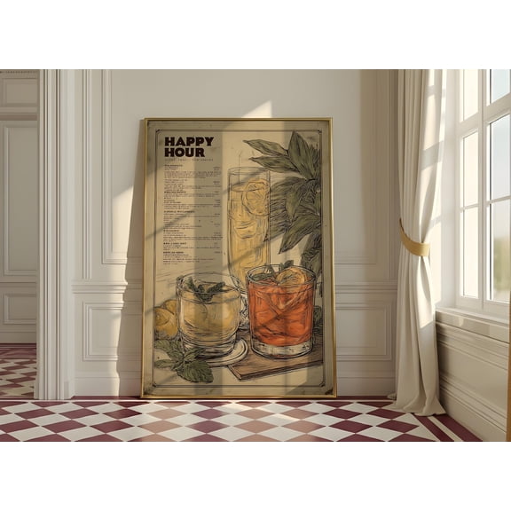 Happy Hour Cocktail Menu Speakeasy Bar Old Vintage Style Wall Art Unframed Paper Print