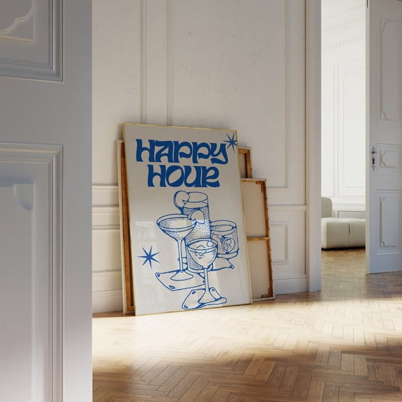 Happy Hour Cocktails Wall Art Blue Retro Bar Cart Decor, Unframed Paper Print Size 8x12