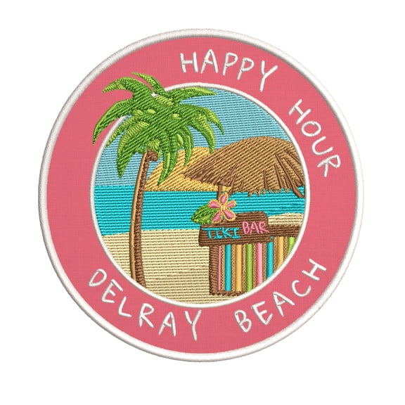 Happy Hour! Delray Beach, Florida 3.5 Inch Iron Or Sew On Embroidered Fabric Badge Patch Ocean Beach, Salt Life Iconic Series