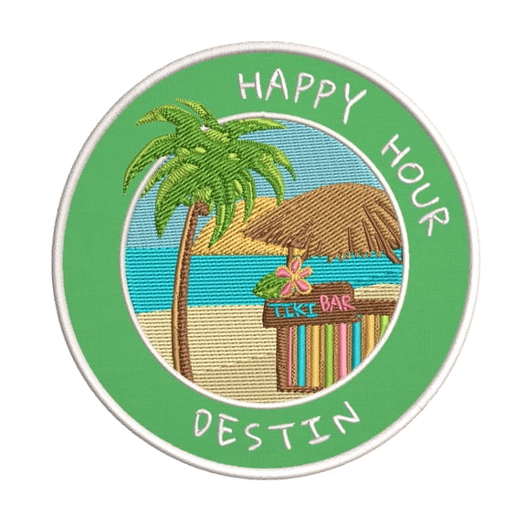 Happy Hour! Destin, Florida 3.5 Inch Iron Or Sew On Embroidered Fabric Badge Patch Ocean Beach, Salt Life Iconic Series
