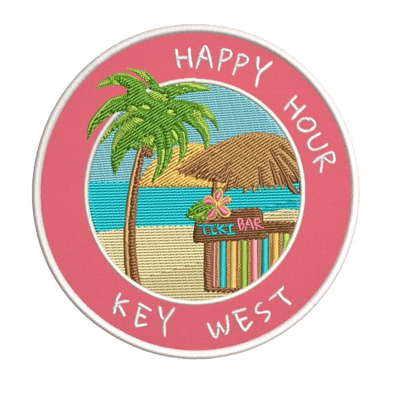 Happy Hour! Key West, Florida 3.5 Inch Iron Or Sew On Embroidered Fabric Badge Patch Ocean Beach, Salt Life Iconic Series
