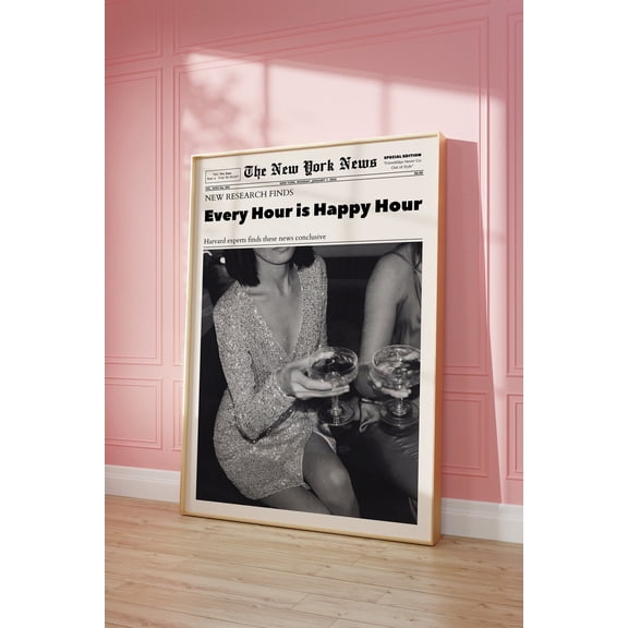 Happy Hour Newspaper Bar Cart Typography Wall Decor Unframed Paper Print