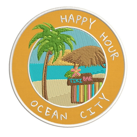 Happy Hour! Ocean City, Maryland 3.5 Inch Iron Or Sew On Embroidered Fabric Badge Patch Ocean Beach, Salt Life Iconic Series