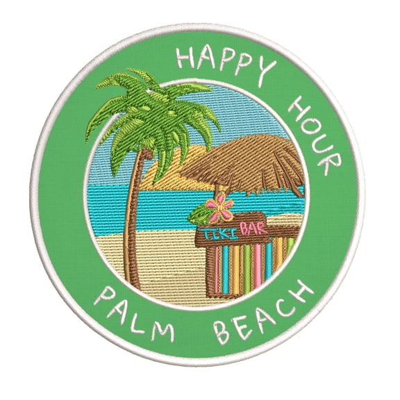 Happy Hour! Palm Beach, Florida 3.5 Inch Iron Or Sew On Embroidered Fabric Badge Patch Ocean Beach, Salt Life Iconic Series