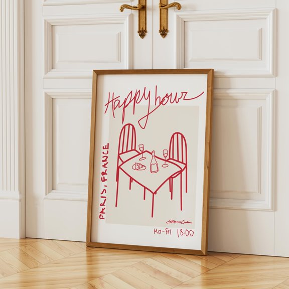 Happy Hour Paris Poster Retro Parisian Cafe Poster Mid-Century Modern Kitchen Decor , Poster Print Only