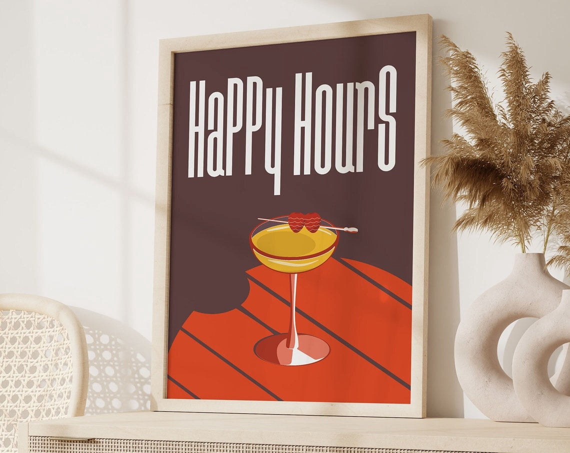 Happy Hour Poster, Retro Coctail Print, Red Salud Slainte Print, Funky ...