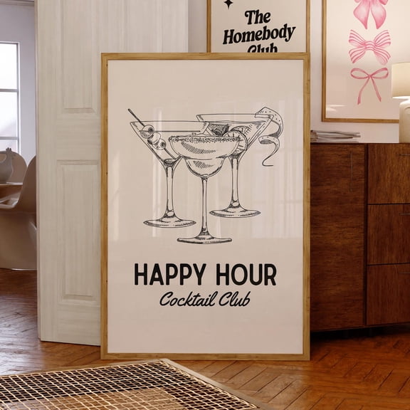 Happy Hour Retro Cocktail Bar Cart Art, Unframed Paper Print Size 8x12