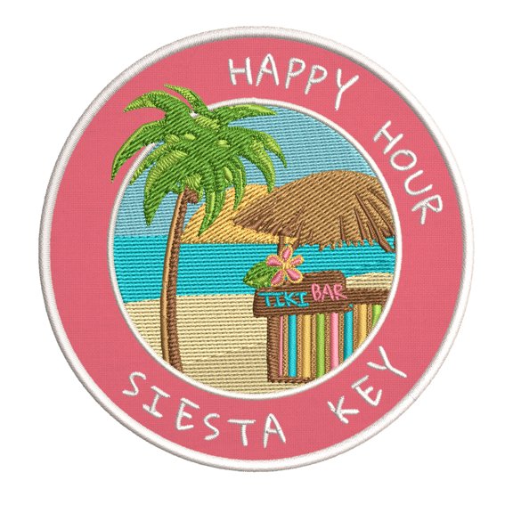 Happy Hour! Siesta Key, Florida 3.5 Inch Iron Or Sew On Embroidered Fabric Badge Patch Ocean Beach, Salt Life Iconic Series