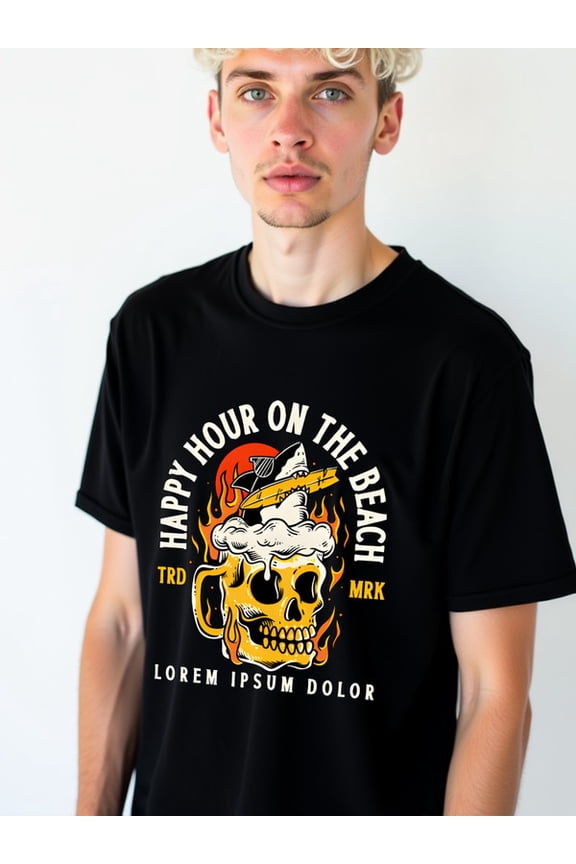 Happy Hour Skull Beach Tee Men t-shirt black graphic tees funny Wearable year-round Unique designs, summer prints Vintage Unisex Shirt Cotton tshirts