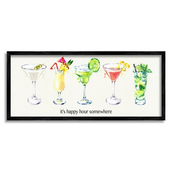 Happy Hour Somewhere Cocktails Food & Beverage Graphic Art Black Framed Art Print Wall Art