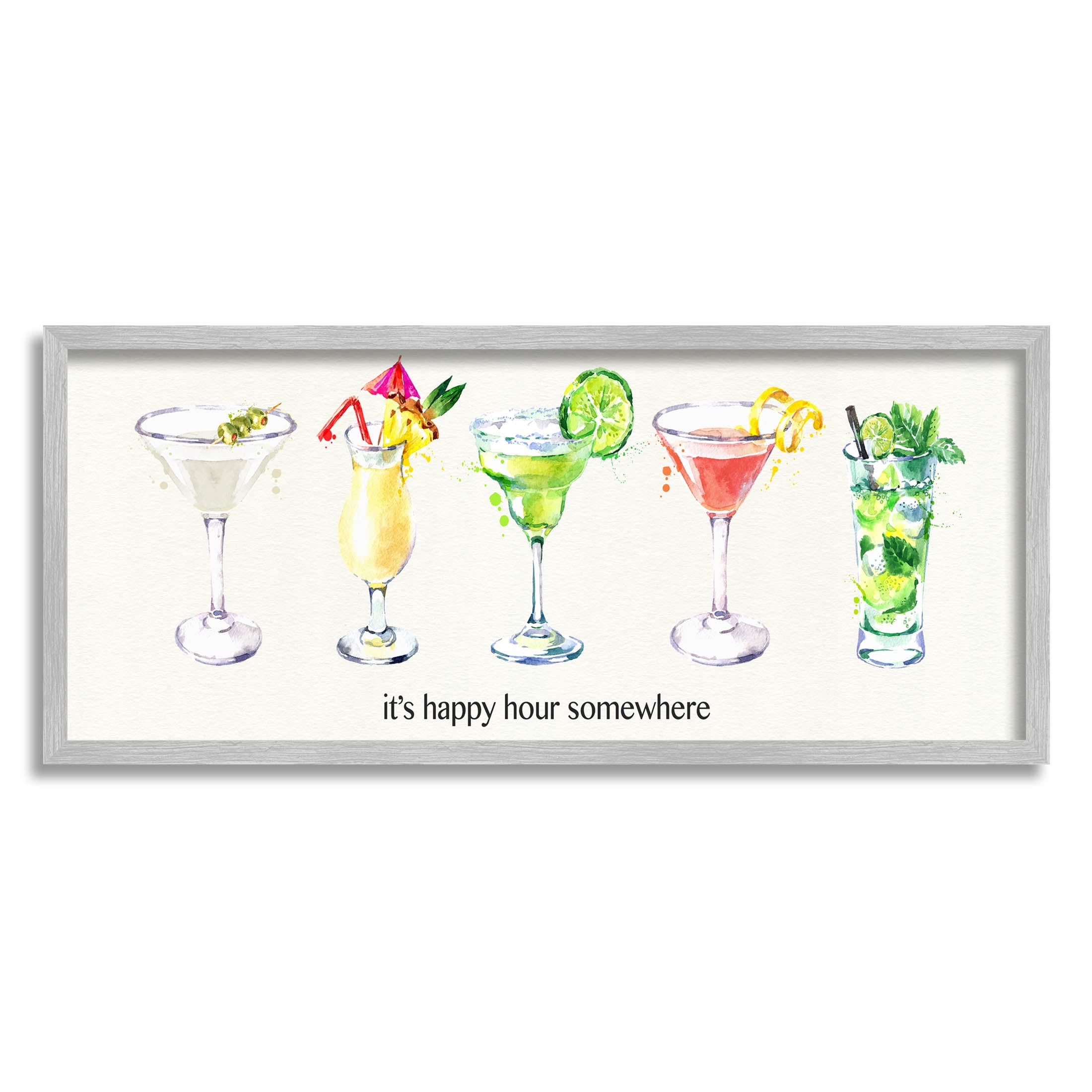 Happy Hour Somewhere Cocktails Food & Beverage Graphic Art Gray Framed Art Print Wall Art