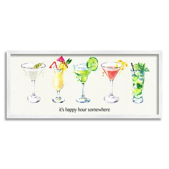 Happy Hour Somewhere Cocktails Food & Beverage Graphic Art White Framed Art Print Wall Art