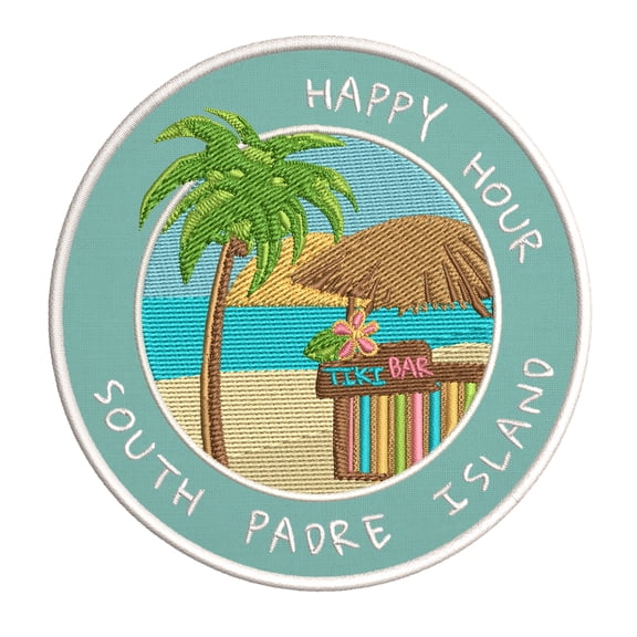 Happy Hour! South Padre Island, Texas 3.5 Inch Iron Or Sew On Embroidered Fabric Badge Patch Ocean Beach, Salt Life Iconic Series