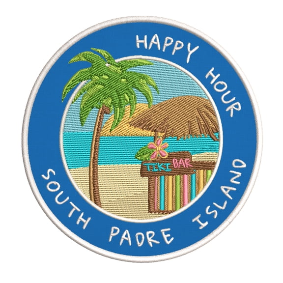 Happy Hour! South Padre Island, Texas 3.5 Inch Iron Or Sew On Embroidered Fabric Badge Patch Ocean Beach, Salt Life Iconic Series