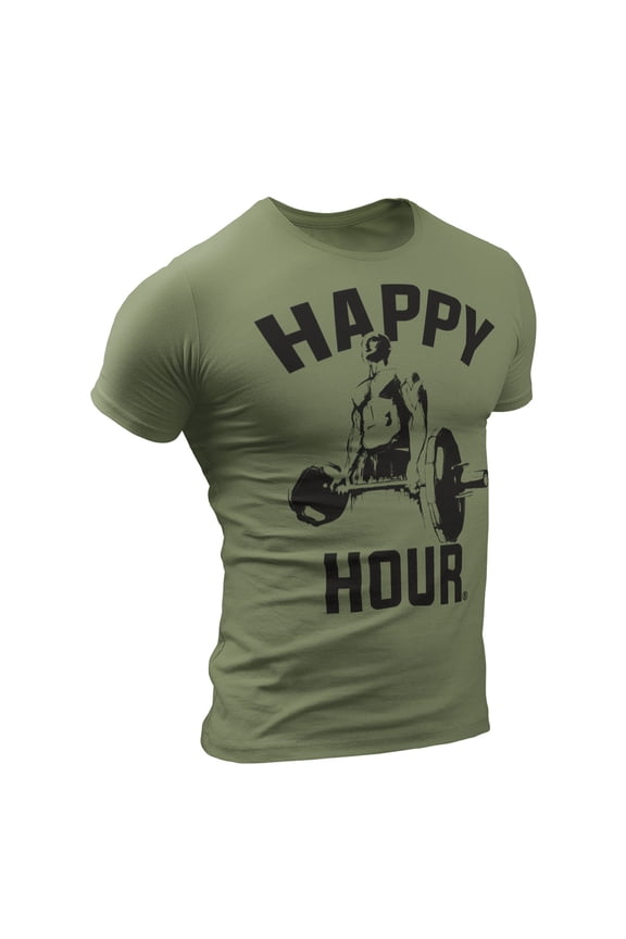 Happy Hour T-Shirt for Men Crossfit Workout Weightlifting Funny Gym Tshirt (Large, Military Green)