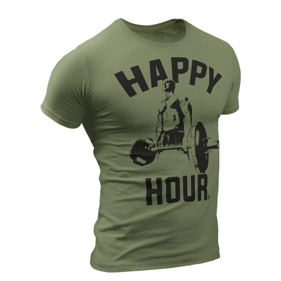 Happy Hour T-Shirt for Men Crossfit Workout Weightlifting Funny Gym Tshirt (X-Large, Military Green)