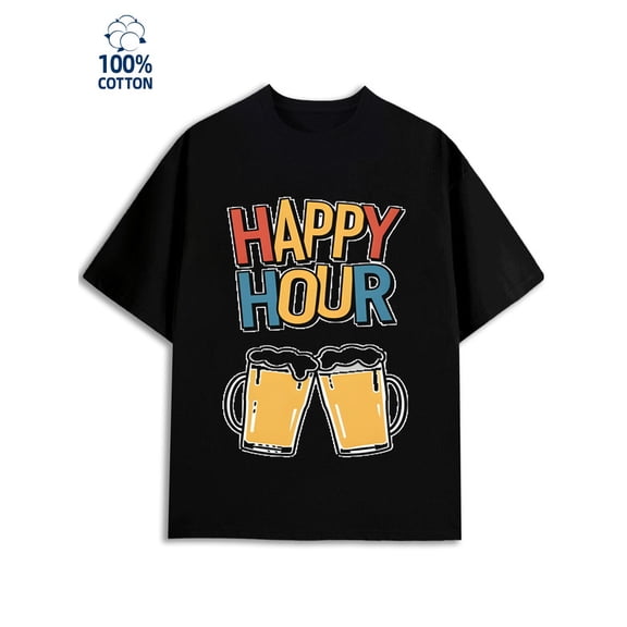 Happy Hour Tee mens 180G 100% Cotton black Vintage Unisex Shirt Crewneck tshirts Unique Design Unisex Shirt Printed tshirts Fashion Unisex Shirt Graphic tshirts Fashion Unisex Shirt Crewneck tshirts