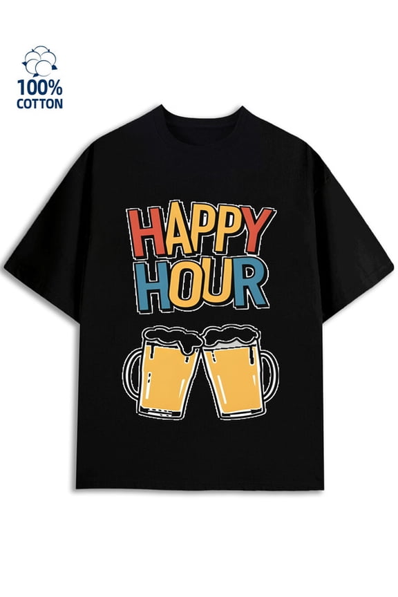 Happy Hour Tee mens 180G 100% Cotton black Vintage Unisex Shirt Crewneck tshirts Unique Design Unisex Shirt Printed tshirts Fashion Unisex Shirt Graphic tshirts Fashion Unisex Shirt Crewneck tshirts