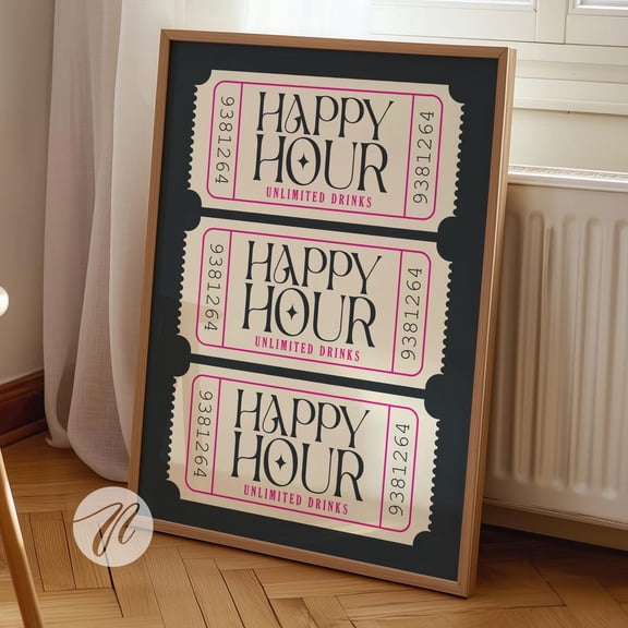 Happy Hour Ticket Wall Art Retro Bar Cart Decor, Unframed Paper Print Size 8x12