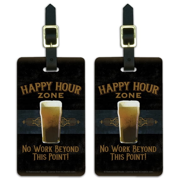 Happy Hour Zone No Work Beyond This Point Beer Luggage ID Tags Suitcase Carry-On Cards - Set of 2