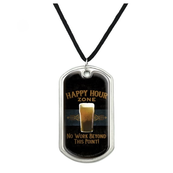 Happy Hour Zone No Work Beyond This Point Beer Military Dog Tag Pendant Necklace with Cord
