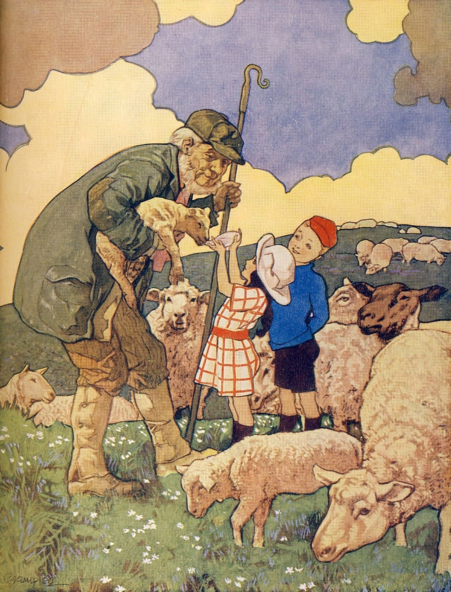 Happy Hours 1920s Children Shepherd & Sheep Canvas Art - Unknown (24 x 36)