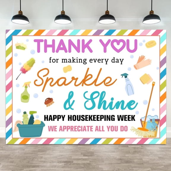 Happy Housekeeping Week Thank You Cleaning Supplies Themed Backdrop Housekeeping Appreciation Party Decoration Background for Event Celebration Photo Booth Props