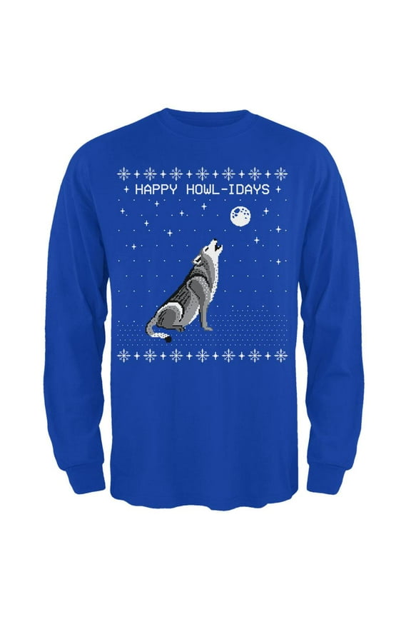 Happy Howl-idays Holidays Wolf Ugly Christmas Sweater Mens Long Sleeve T Shirt Royal 2XL