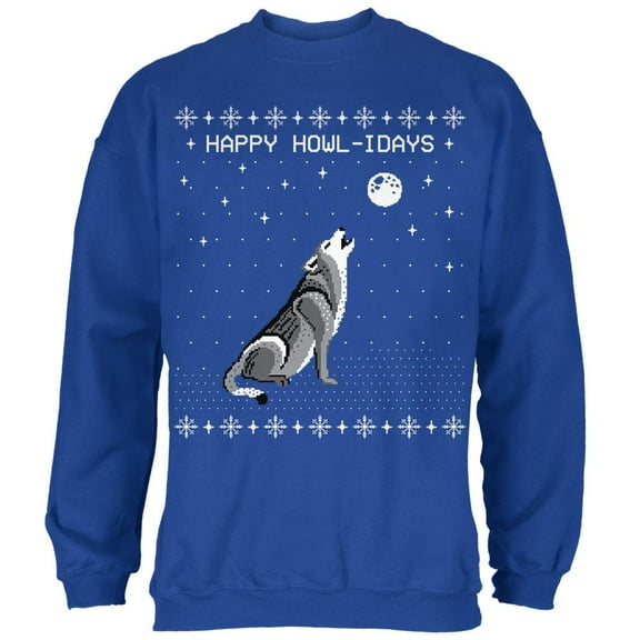 Happy Howl-idays Holidays Wolf Ugly Christmas Sweater Mens Sweatshirt Royal 3X-LG