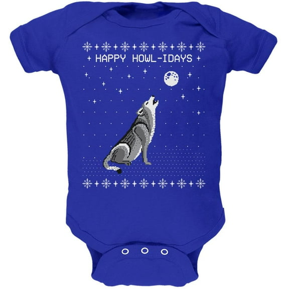 Happy Howl-idays Holidays Wolf Ugly Christmas Sweater Soft Baby One Piece Royal 0-3 M