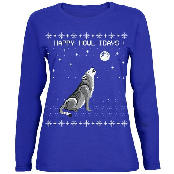 Happy Howl-idays Holidays Wolf Womens Long Sleeve T Shirt Royal LG