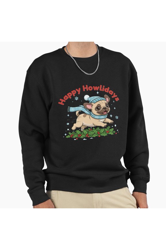 Happy Howlidays Puggle Cute Christmas Graphic Unisex Sweatshirt Retro Scarf Art G25103, Up to Size 5XL