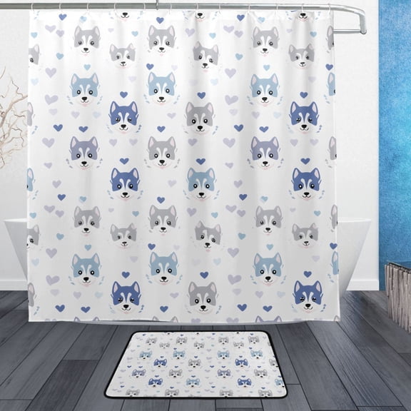 Happy Husky Bathroom Accessory Sets Waterproof Shower Curtain with Absorbent Non-Slip Rug