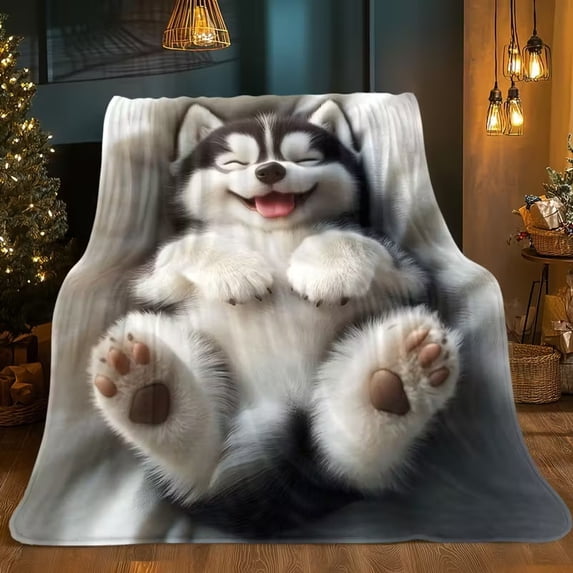 Happy Husky Pattern Print Flannel Throw Blanket