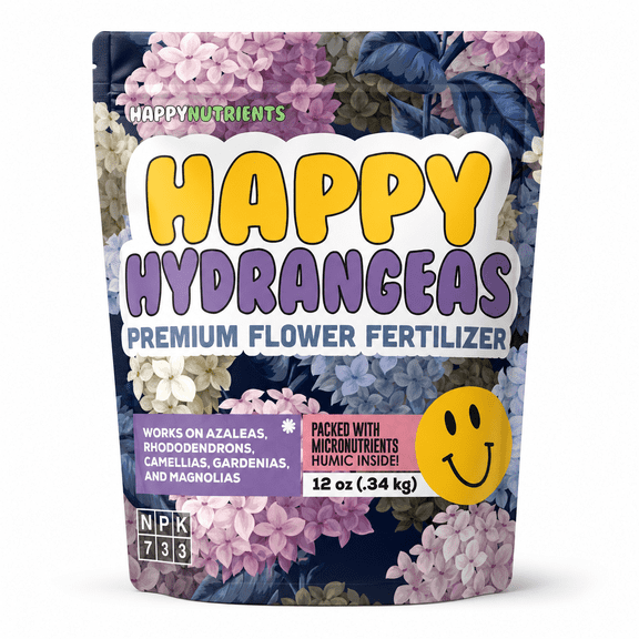 Happy Hydrangeas Fertilizer - Premium 7-3-3 Powder with Micronutrients & Humic - Ideal for Flowers, Hydrangeas, Azaleas, Rhododendrons, Camellias, Gardenias, and Magnolias - 12 oz
